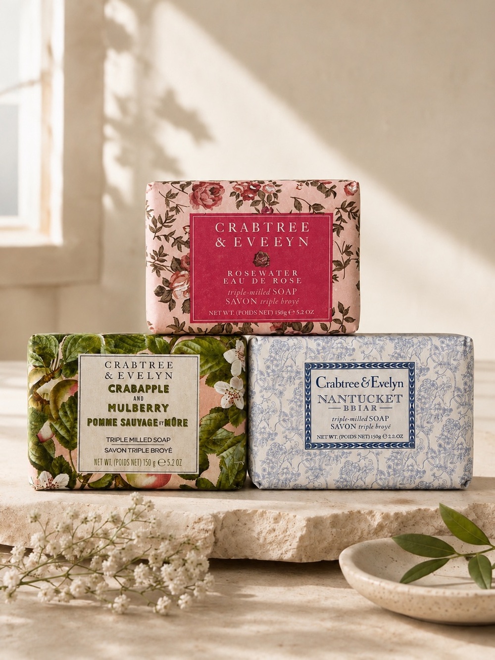 Crabtree & Evelyn Triple Milled Soap Bundle Rosewater Nantucket Briar Crabapple